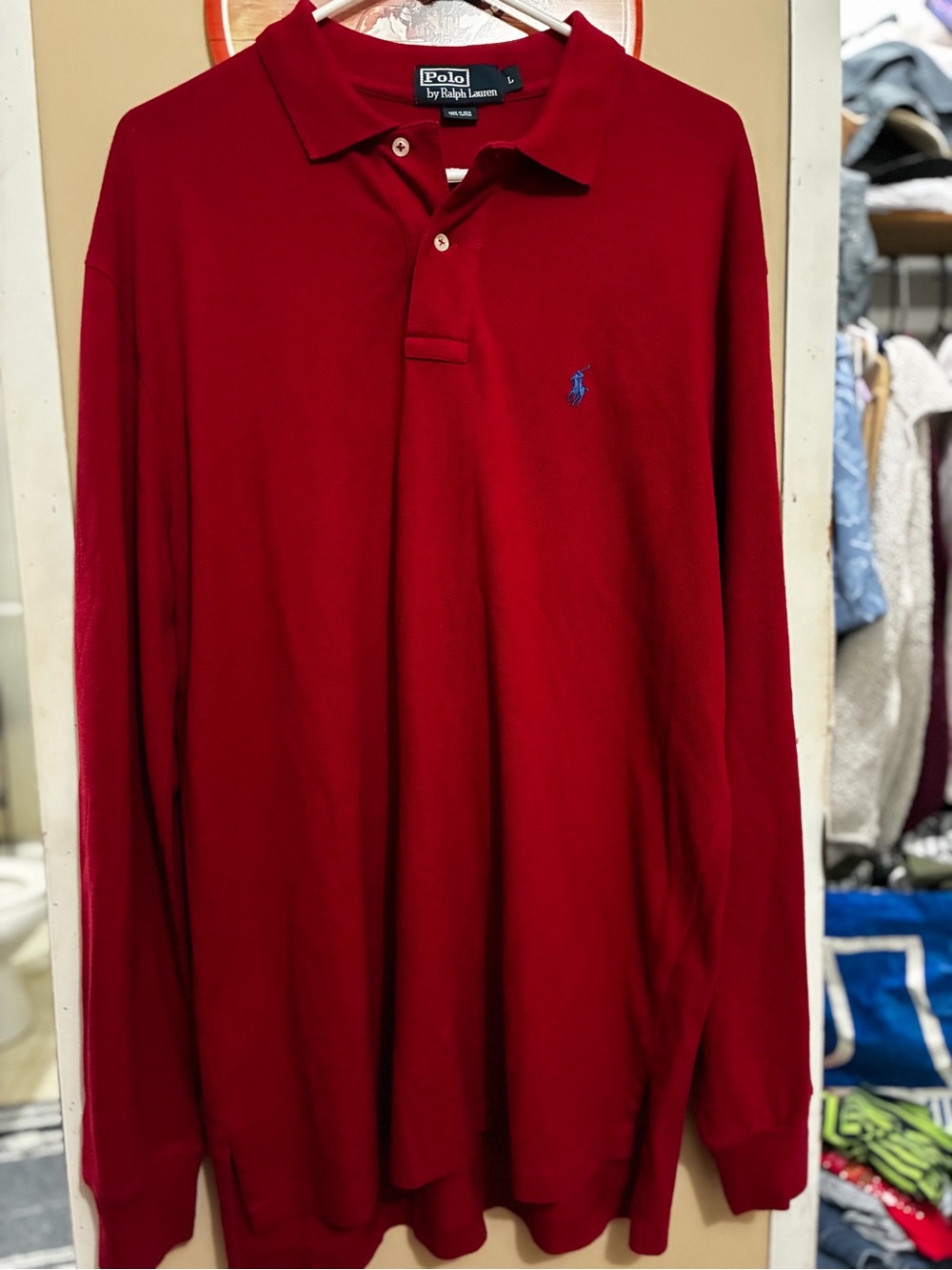 Ralph Lauren Long-Sleeve Polo Shirt in Deep Red with Blue Logo - Picture 4 of 6